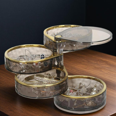4-Tier Rotating Jewelry Organizer Box With View Design - Compact Storage For Rings, Earrings, Necklaces, Bracelets & Hair Accessories
