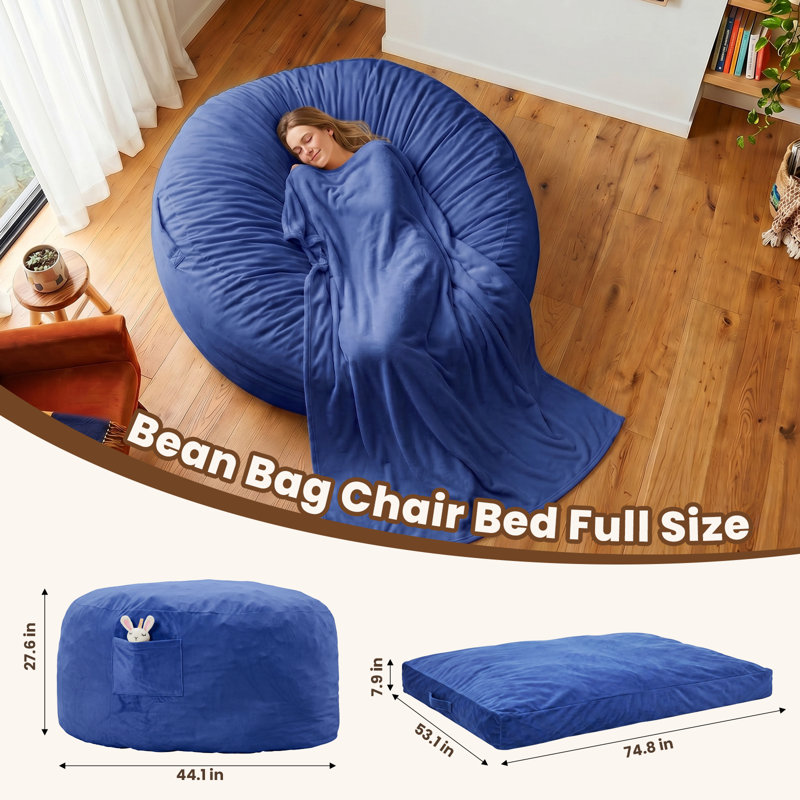  Velvet Memory Foam Bean Bag Chair Lounger for Adults and Kids, Oversized Comfy Floor Sofa Seating, Ergonomic Upholstered Accent Furniture for Living Room and Bedroom, Blue