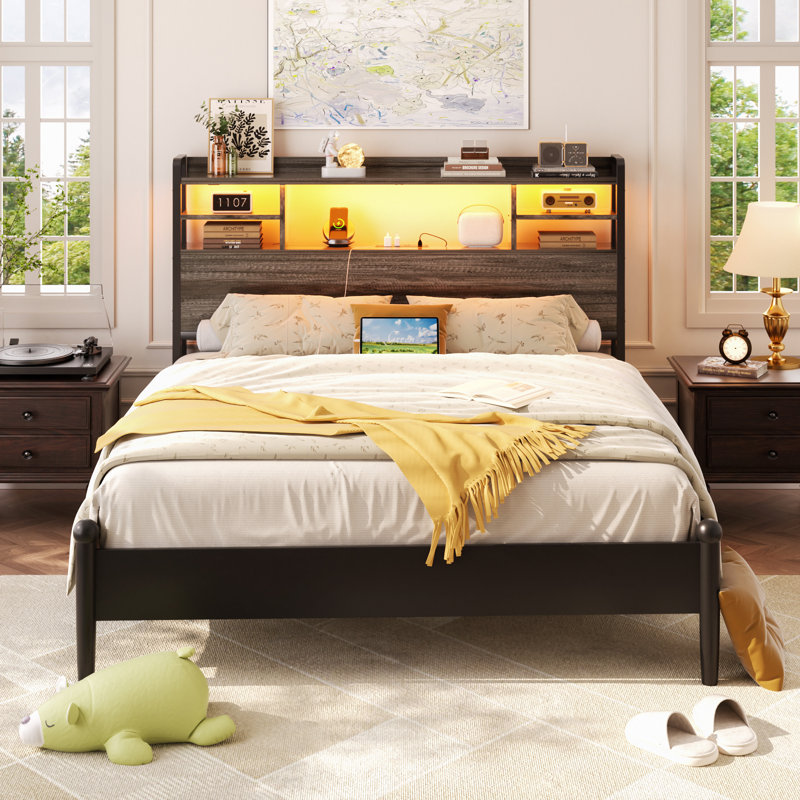 Storage Headboard with LED Lights, Bookcase Headboard with Charging Station, Full XL, Gray