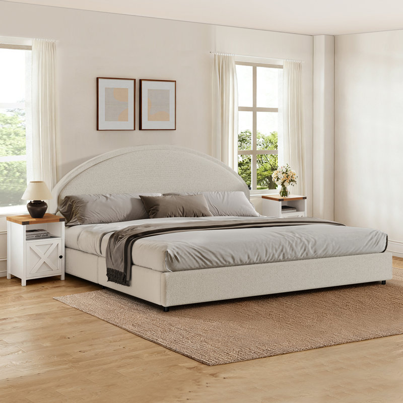 3 Piece Upholstered Bedroom Set And Set Of 9 Nightstands, White/White, King
