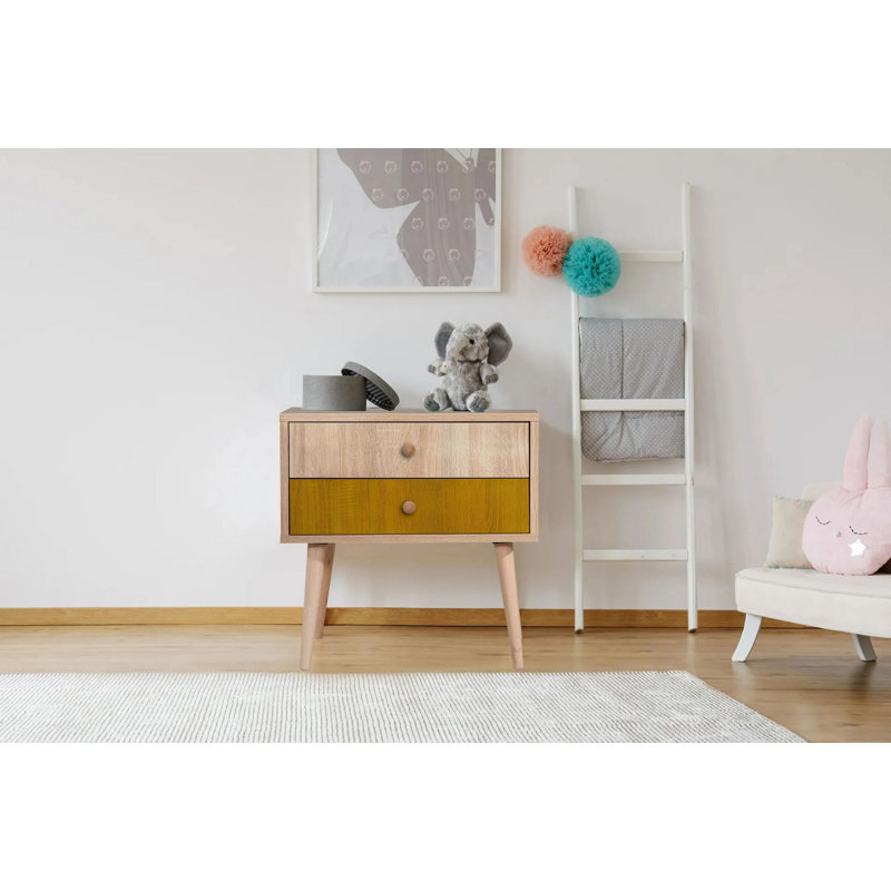 Modern Scandinavian Nightstand with Wooden Legs, 23.6 x 24.0 x 15.7 inches | 100% Melamine Coated Particle Board, UV Digital Printing | Features Multiple Shelves & Wall-Mountable Design for Extra Storage