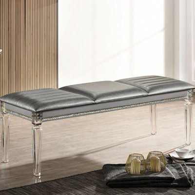 Contemporary Bedroom Bench With Solid Wood And Acrylic Legs In Silver Shade Graceful Enhanced Crystal Details