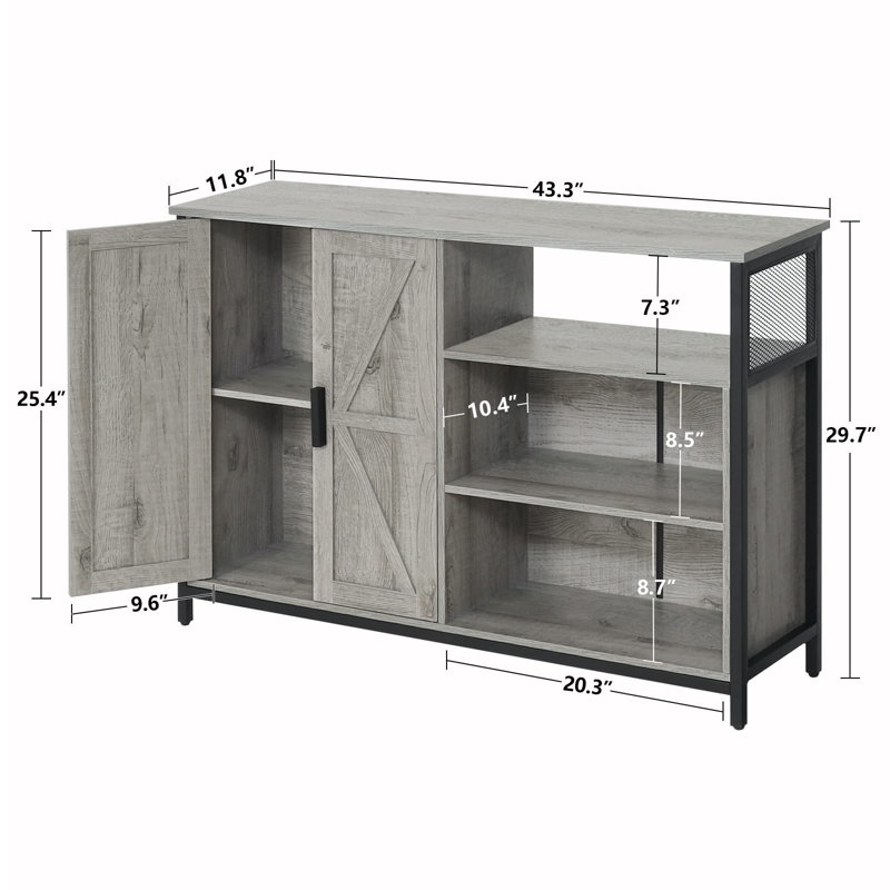 Armoire de rangement au sol avec 2 portes de grange et tablettes ouvertes, Gris