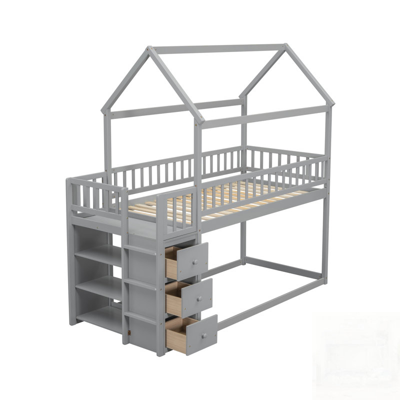 Lit superposé House avec tablettes et tiroirs, fabrication robuste pour les chambres d'enfants, Grey