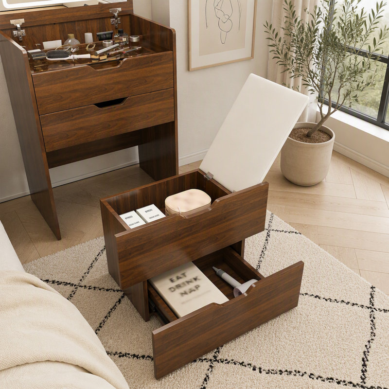 Bureau de coiffeuse 3-en-1 avec miroir éclairé à DEL et tabouret, coiffeuse à maquillage multifonctionnelle avec rangement caché, ensemble de coiffeuse compact pour le vestiaire de la chambre à coucher