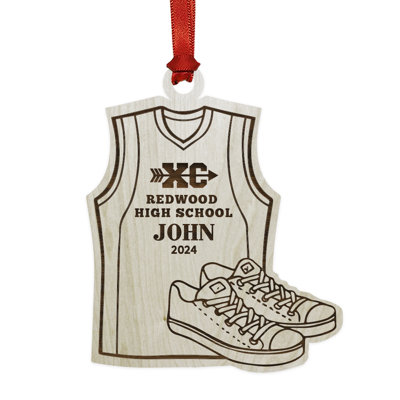 Custom Laser Engraved Wood Cross Country Running Ornament XC Sneakers And Jersey Design
