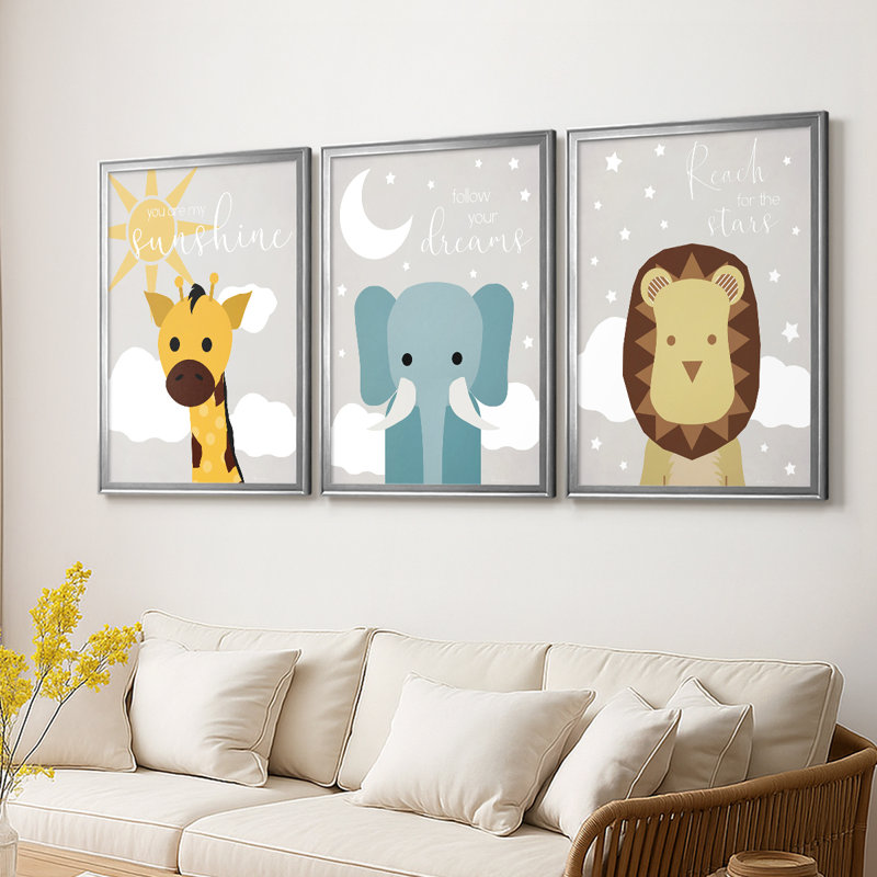 Girafe soleil - Toile tendue avec châssis sur mesure - 3 pièces, H 21 po x l 30 po, Argent argent