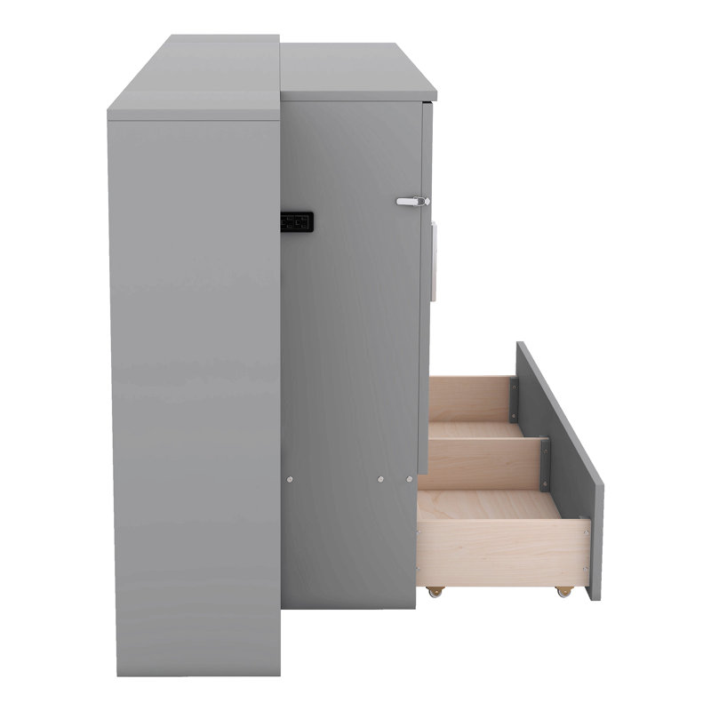 Lit escamotable avec tablettes, tiroirs et ports USB Murphy, Gris, Lit double