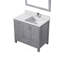 Meuble-lavabo gris patiné 36 po X P 22 po D, dessus en quartz blanc décalé à droite, ensemble de robinet et Miroirs