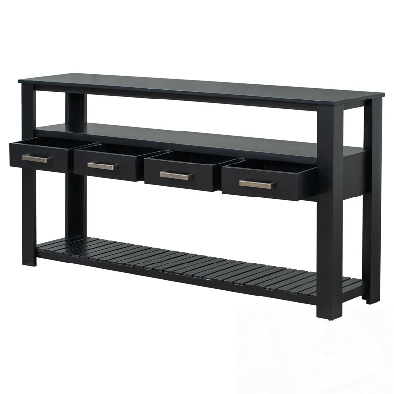 Console rectangulaire avec 4 tiroirs et 2 tablettes ouvertes à 2 niveaux, Noir