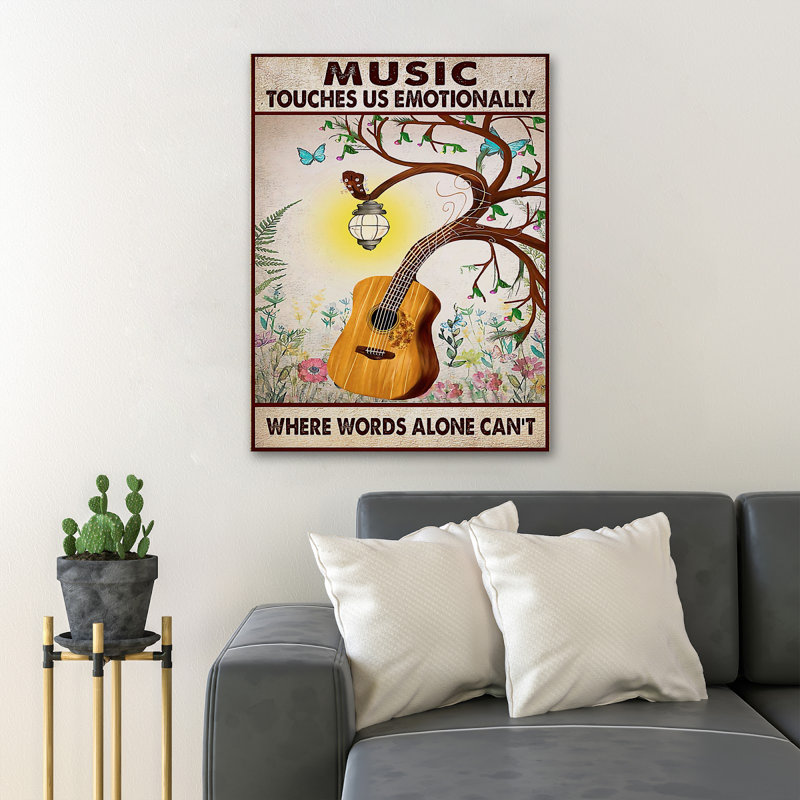 Arbre et fleurs de guitare avec papillons - «Music Touches Us Emotionally», impression sur toile tendue