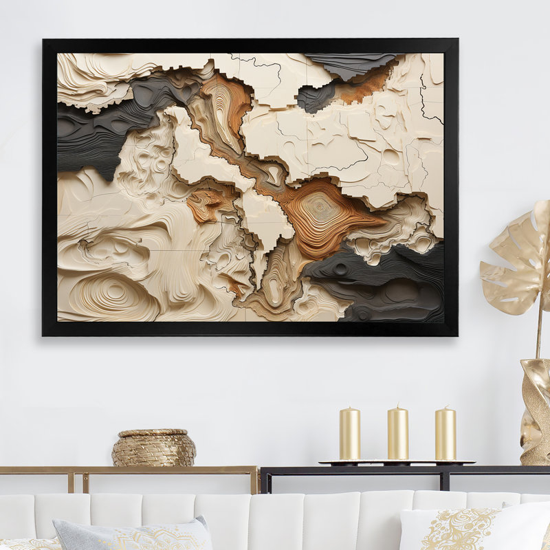 Collage de rivière africain beige et brun - formes abstraites, impression sur toile - sans texture, H 34 po x l 44 po, Noir