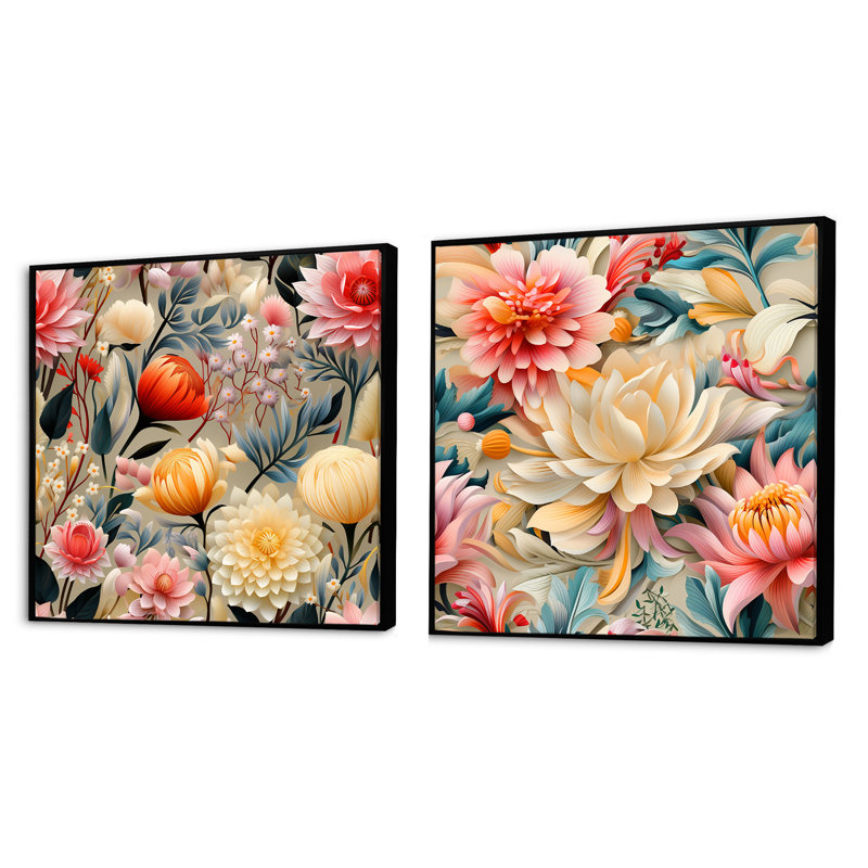 Thornaby - Ensemble de 2 collages carrés floraux, Cadre flottant noir, H 16 po x l 33 po