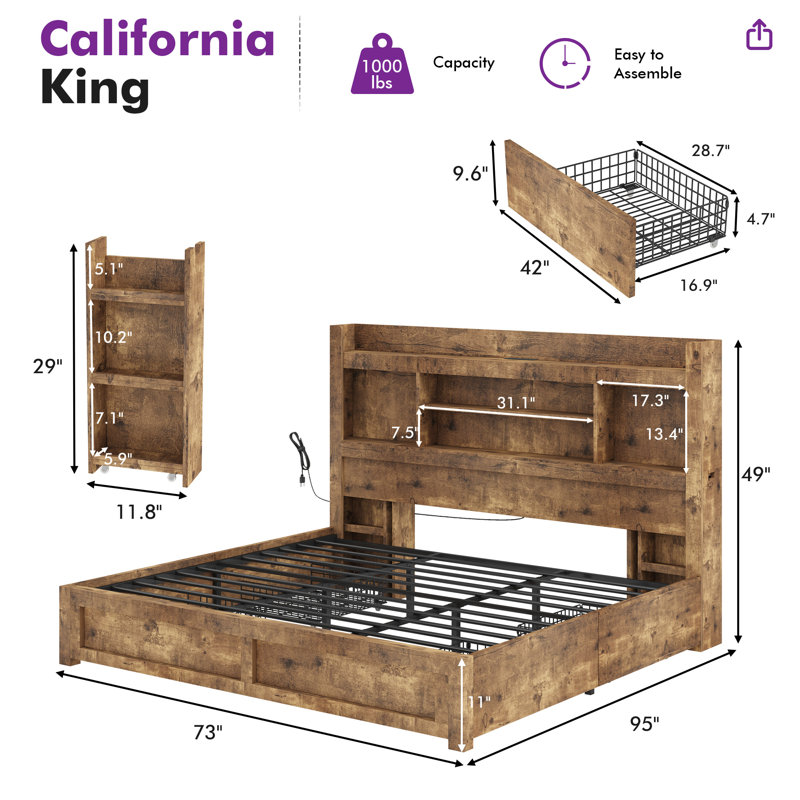 Sherell California King Size Bed Frame With 4 Storage Drawers,Brown, Brown, California King