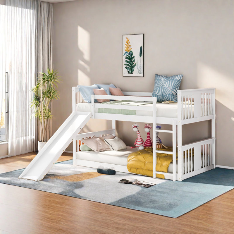 Low Bunk Bed with Reversible Slide, Twin Over Twin, White