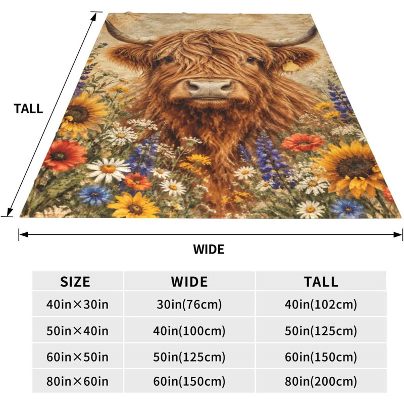Couverture en flanelle douce et moelleuse à motif de vaches fleuries, 152 x 203 cm, 60 po x 80 po