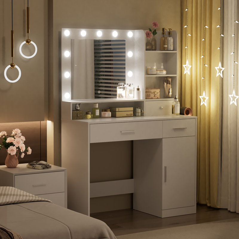 Lumina Makeup Vanity Desk and Stool Set with LED Lighted Mirror & Power Outlet & 3 Drawers, 1 Cabinets