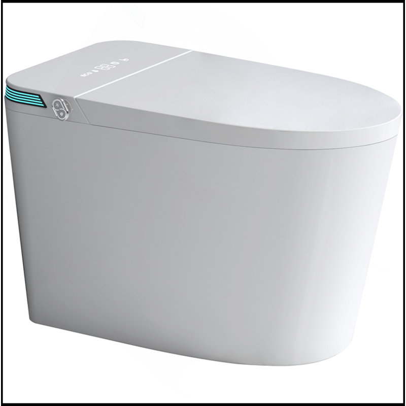 Toilette intelligente de luxe intelligente avec pulvérisateur d'eau chaude et sécheuse instantanées, fonction de chasse d'eau automatique / capteur de pied, siège de bidet chauffé à température ajustée, affichage à DEL blanc