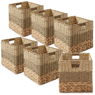 12" Mixed Weave Hyacinth Seagrass Storage Basket Cubes, Natural - Set of 6