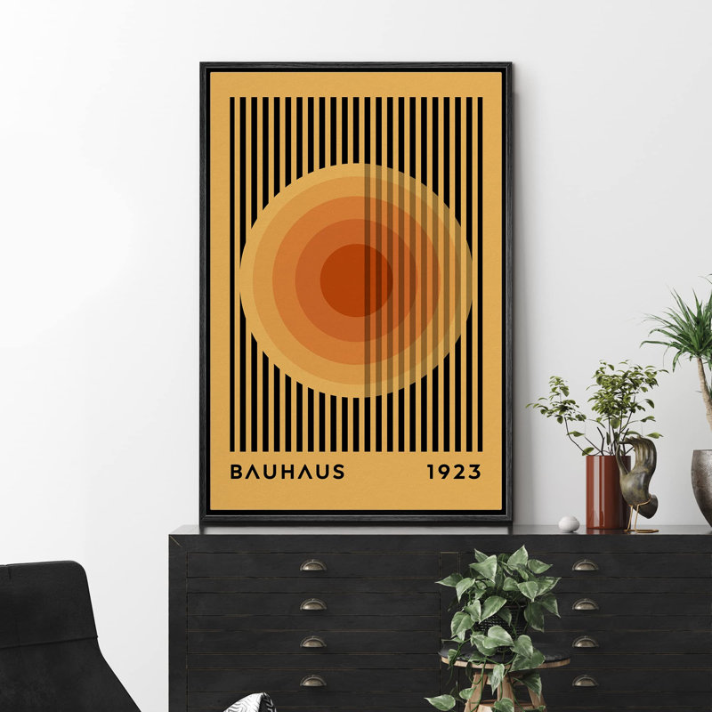Abstrait, blocs de couleurs vibrantes, formes de cercle orange de style Mid-Century Bauhaus, Noir, H 24 po x l 16 po