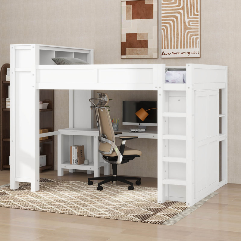 Grand lit mezzanine avec garde-robe et bureau, Blanc