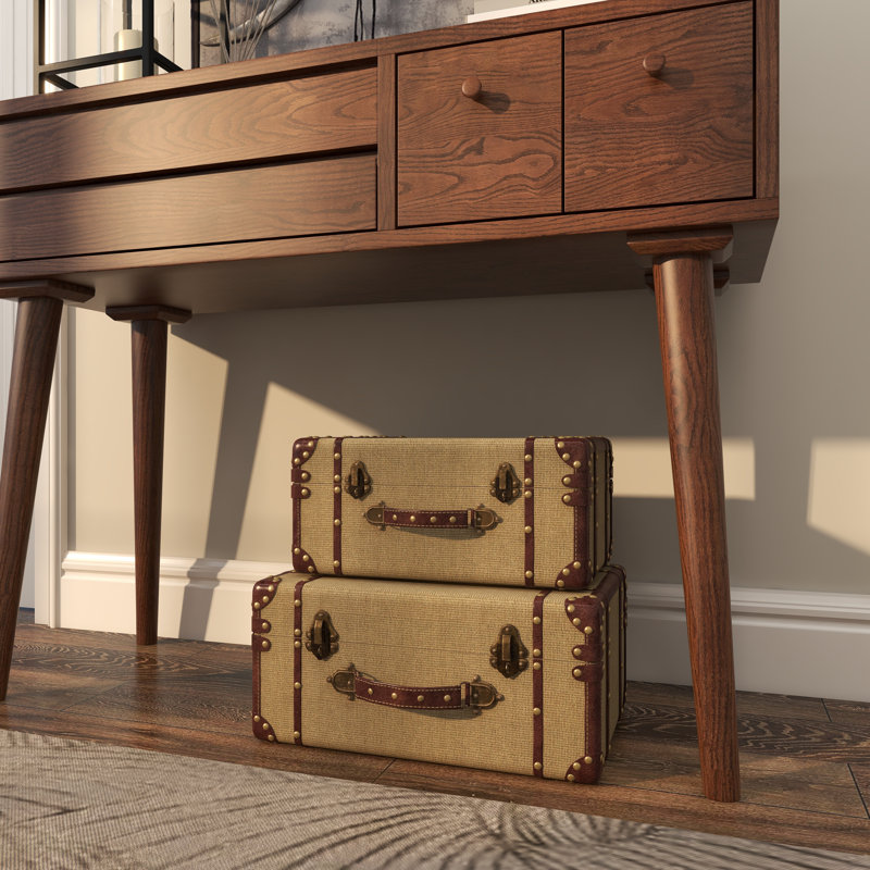 Hamachi Wooden Nesting Upholstered Decorative Beige Trunk with Vintage Accents and Studs Set