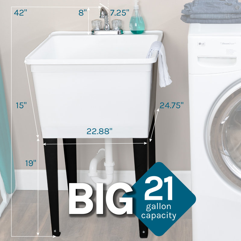22.88'' L x 24.75'' W Freestanding Laundry Sink with Faucet, White, Chrome
