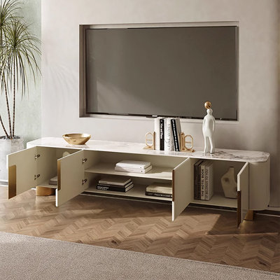 Meuble télé 79 po avec 4 espaces de rangement, moderne et beige, 79 pi.