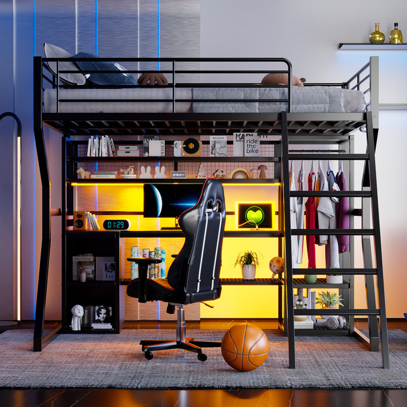 Lit mezzanine double en métal Roomfitter, poste de travail intégré avec garde-robe ouverte, rangement et éclairage ambiant, noir