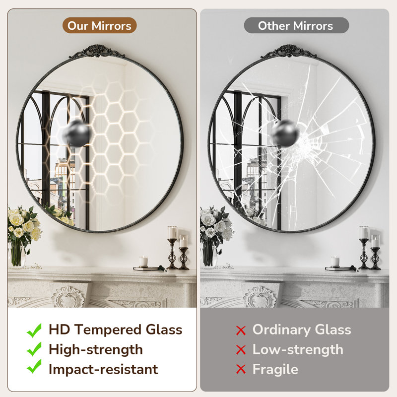 Stourbirdge Vintage Round Wall Accent Mirror with 1.2" Iron Frame, 24" x 24", Antique Black