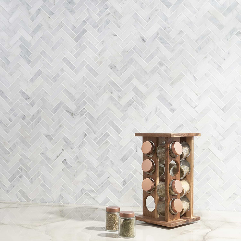 Asian Statuary 1x3 Herringbone Polished Marble Mosaic Tile