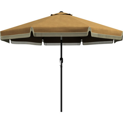 Parasol de patio brun clair de 9 pi avec fonction de manivelle et d'inclinaison, pampilles à volants pour la terrasse extérieure de la piscine, ouverture facile et coffre-fort, table de marché avec 8 nervures
