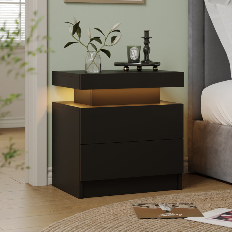 Table de chevet moderne avec lumière DEL et 2 tiroirs, Noir