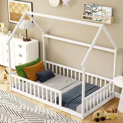 House Floor Bed with Roof Frame ,Pine Wood Floor Bed with Safety Guardrails