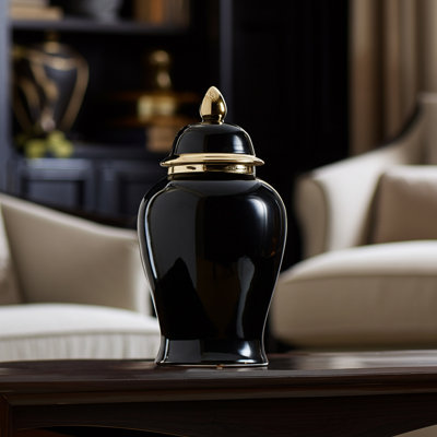 Ellport Sophisticated Ceramic Tall Jar with Lid Accent for Home Decor - Sculptural Table Jar with Silhouette Curve for Shelves Consoles and Tabletop Styling - 18", Black & Gold