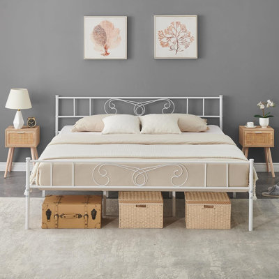 King Size Bed Frames with Headboard and Footboard, Metal Bed Frame with 12.2 in Under Bed Storage, Steel Slats Support, No Box Spring Needed, White