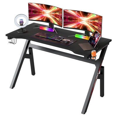 Bureau de jeu ergonomique 47 pouces Bureau d'ordinateur en fibre de carbone Table de jeu PC Grande station de travail avec support pour porte-gobelet