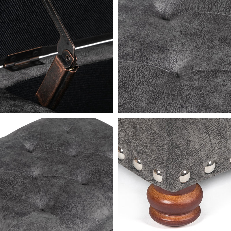 Gray Tufted Fabric Storage Ottoman with Nailhead Trim