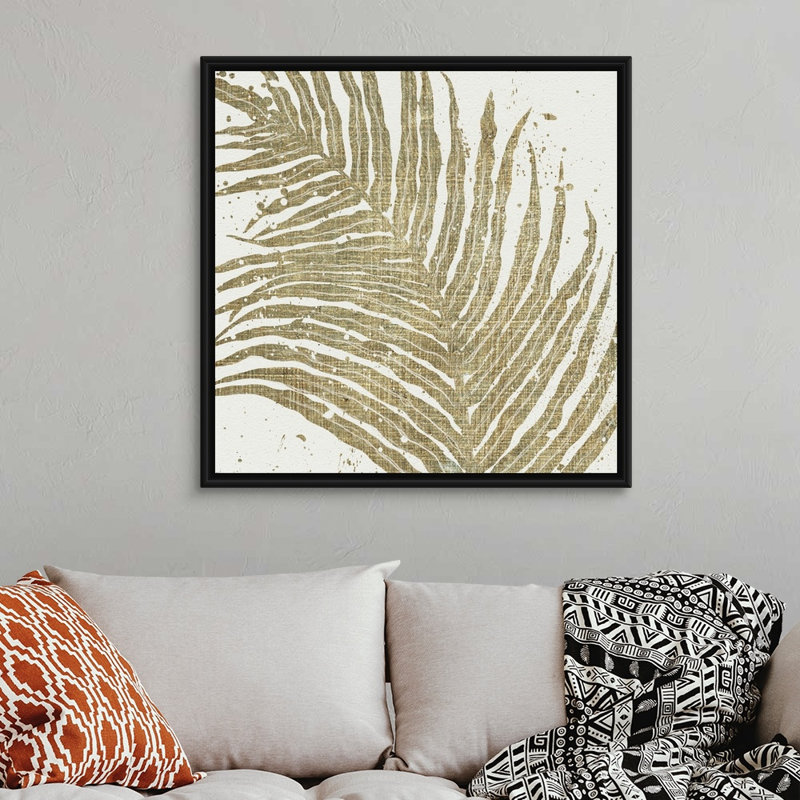 «Gold Leaves I», art mural sur toile, Toile avec cadre noir, H 38 po x l 38 po