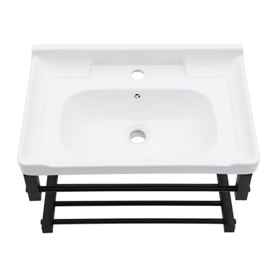 23.7" L x 15.7" W Ceramic Wall Mount Bathroom Sink White Rectangular Wall Hung Sink with Towl Rack and Overflow Hole
