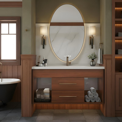 Mid-century style single basin bathroom cabinet with integral ceramic undermounted basin