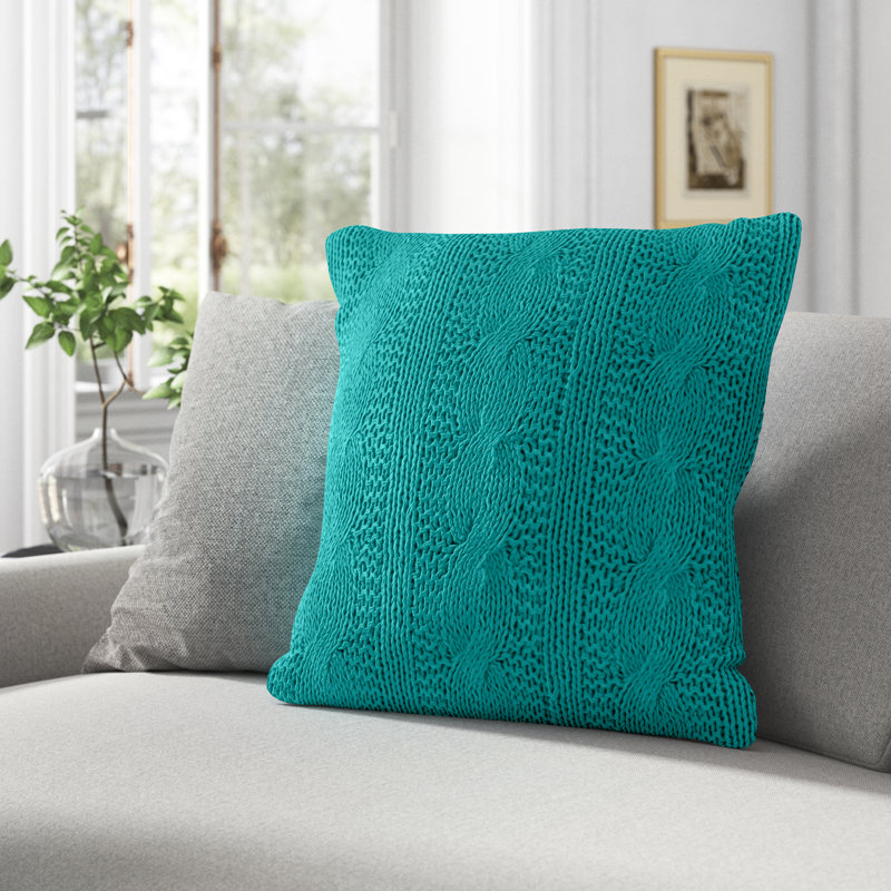 Aryaz Cable Knit Cotton Feather Throw Pillow, Turquoise