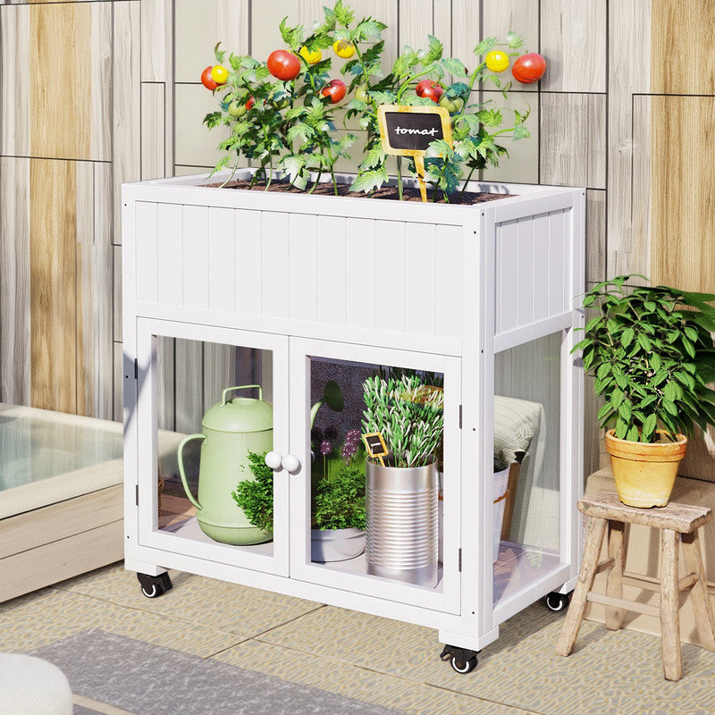 Mini Wood Cold Frame Garden Greenhouse with 2 Doors and Wheels, White