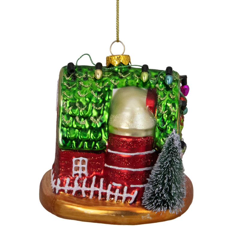 Ornement de Noël 4 po en forme de grange festive rouge et verte avec toit en verre