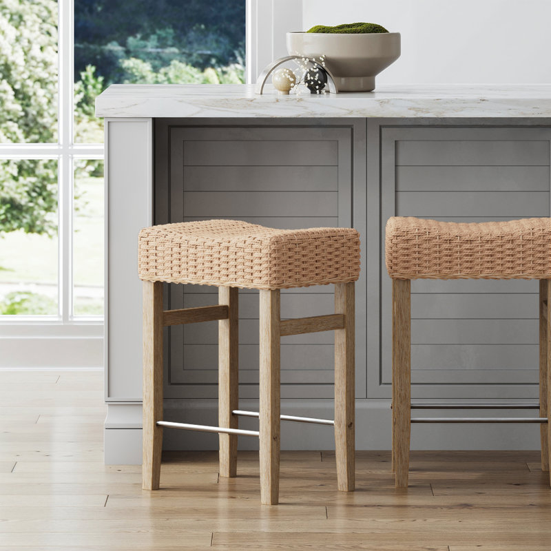 Harvey Rattan Bar Stool, Bohemian Counter Height Stool With Woven Seagrass Seat, Solid Wood Legs, And Metal Footrest Seagrass