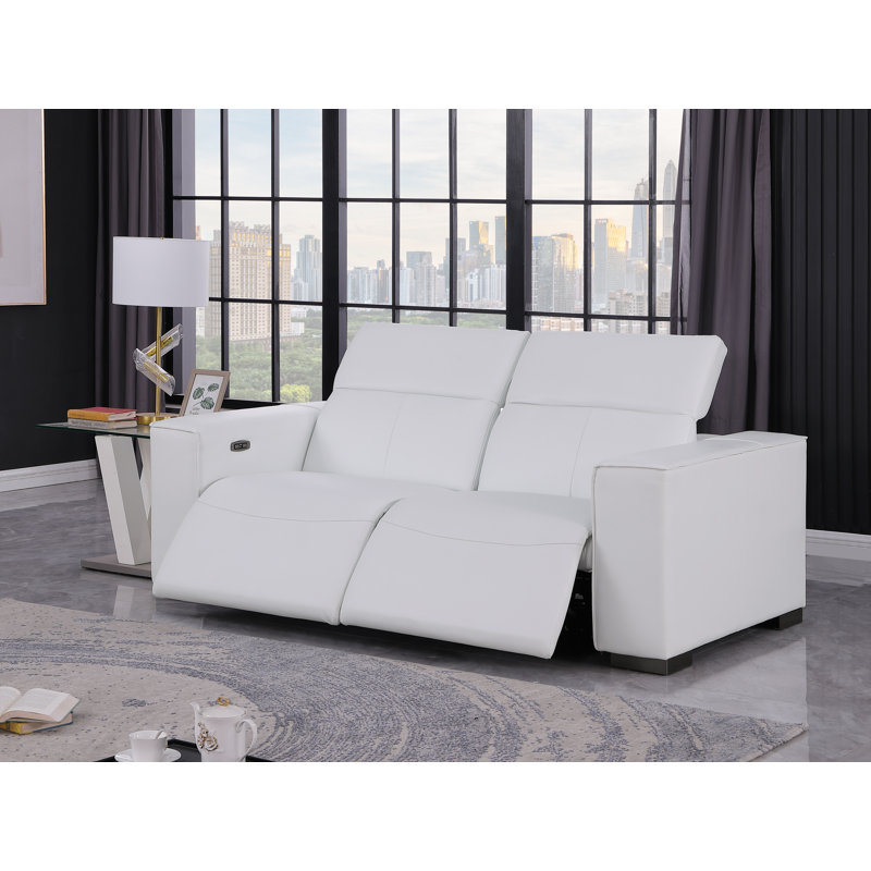 Luxurious Genuine Leather Power Reclining Loveseat With Power Headrest, White