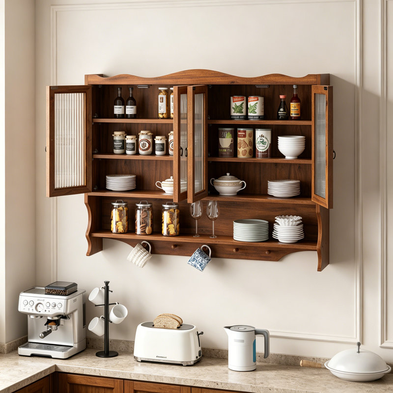 39.37"Retro 4 Door Wall-Mounted Cabinet, Featuring Two Layers Of Storage Space And An Open Hook Rack  Space,Suitable For Bathrooms, Kitchens, Dining Rooms, Brown