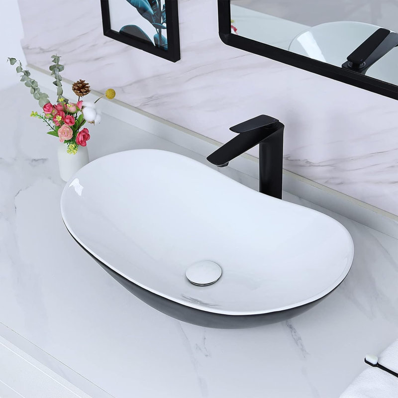 Davivy 24.5" L x 13.8" W White/Matte Black  Oval Vessel Bathroom Sink, White/Black