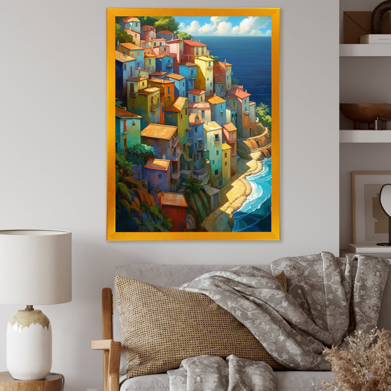 Mayowa Mediterrean Town By The Sea, H 20 po x l 12 po x P 1 po, Encadrement doré
