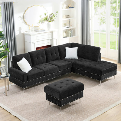 Canapé modulaire à 3 places avec méridienne réversible, repose-pieds avec rangement, pieds en métal et clous en cuivre, deux coussins blancs